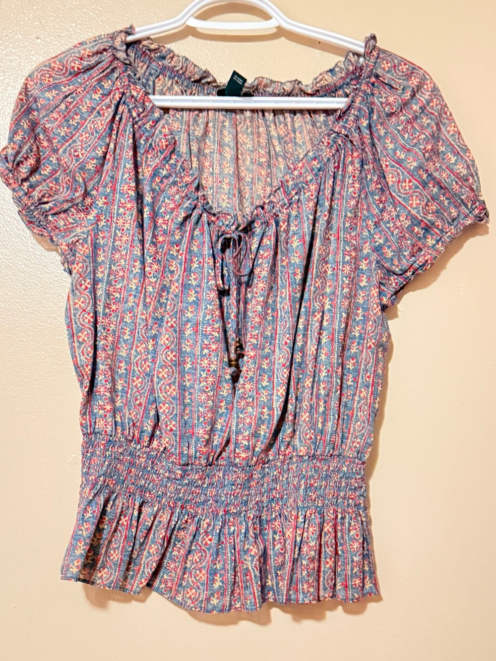 Ralph Laure - Boho Floral Smocked Waist Peasant Top - Pink & Blue